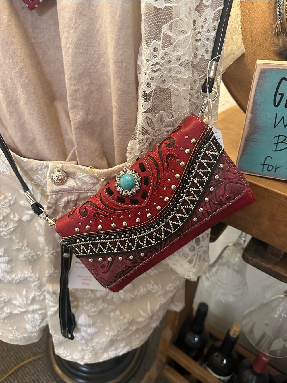Red Embellished Crossbody Bag with Turquoise Accent